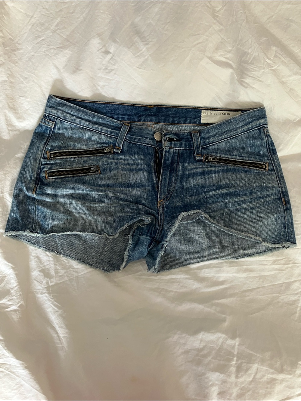 rag & bone Faded Blue Distressed Denim Zip Pocket Shorts